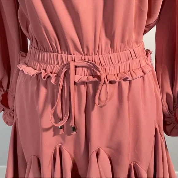 Mainstrip Peach Pink Long Sleeve Smocked Waist Ruffle Mini Dress – Size M - Picture 2 of 12